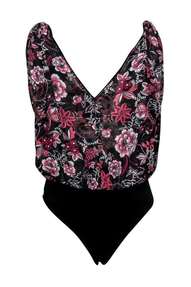 Current Boutique-MISA Los Angeles - Black & Pink Floral Bodysuit w/ Velvet Bottom Sz S