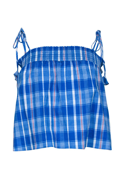 Current Boutique-MISA Los Angeles - Blue, White & Red Plaid Smocked Boxy Tank w/ Tied Straps Sz S