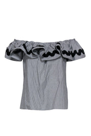 Current Boutique-MISA Los Angeles - Gray Striped Ruffle Off-the-Shoulder w/ Wiggle Trim Sz M