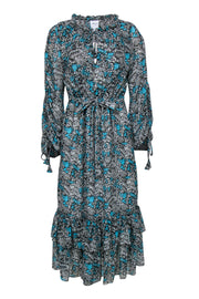 Current Boutique-MISA Los Angeles - Grey & Blue Print Long Sleeve Tiered Maxi Dress Sz M