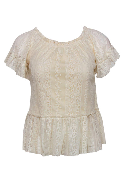 Current Boutique-MISA Los Angeles - Ivory Lace Short Sleeve Off-the-Shoulder Blouse Sz S