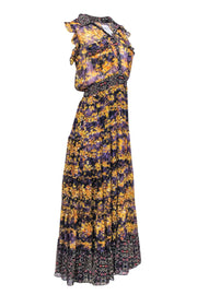 Current Boutique-MISA Los Angeles - Mustard & Deep Purple Floral Maxi Dress Sz XS