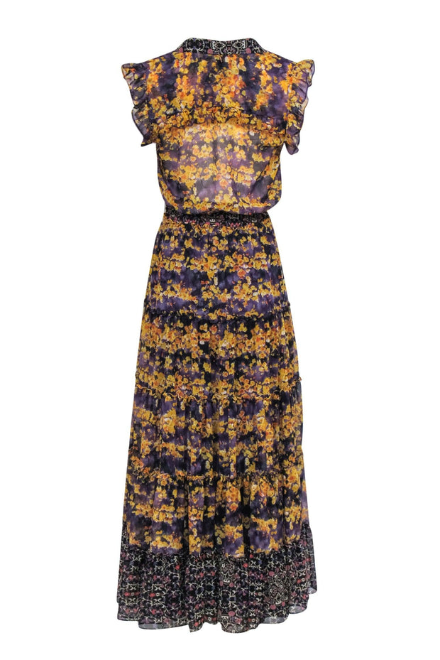 Current Boutique-MISA Los Angeles - Mustard & Deep Purple Floral Maxi Dress Sz XS