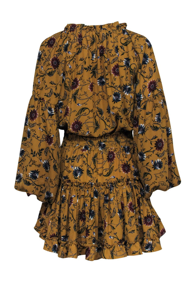 Current Boutique-MISA Los Angeles - Mustard Tie Front Floral Print Ruffle Puff Sleeve Mini Dress Sz M