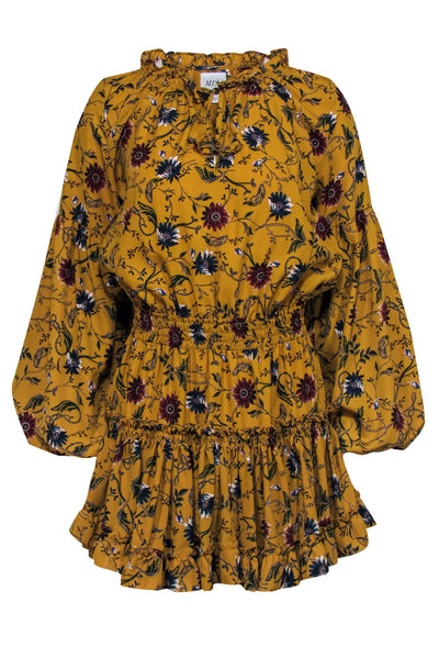 Current Boutique-MISA Los Angeles - Mustard Yellow Floral Silky Floral Peasant Dress Sz XS