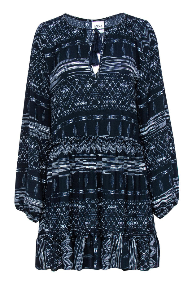 Current Boutique-MISA Los Angeles - Navy & White Patterned Peasant Shift Dress Sz S