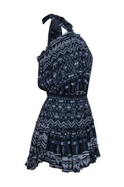 Current Boutique-MISA Los Angeles - Navy & White Print Tie Neck Ruffle Mini Dress Sz M