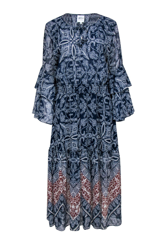 Current Boutique-MISA Los Angeles - Navy & White Printed Maxi Dress w/ Ruffle Sleeves Sz M