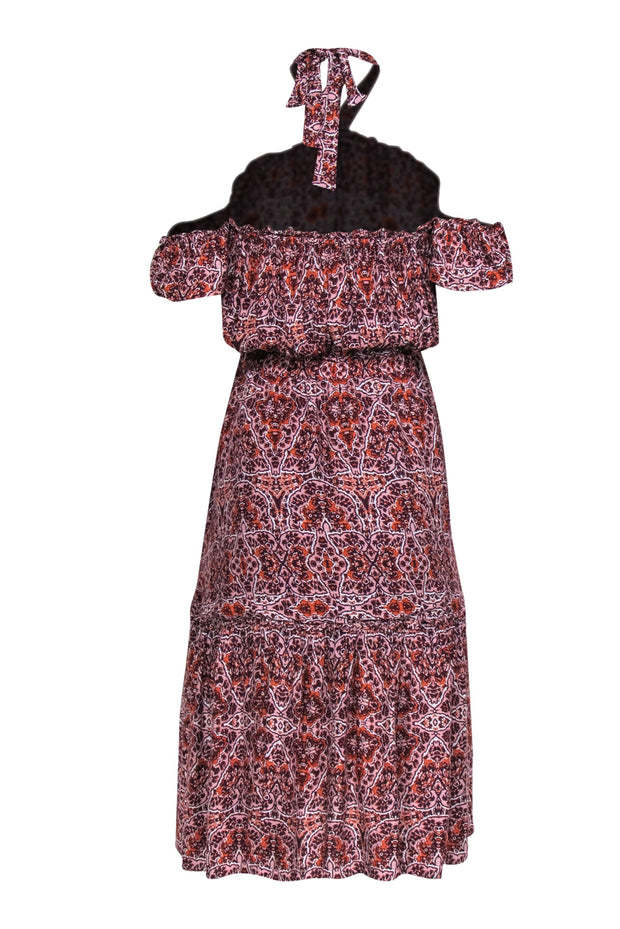 Current Boutique-MISA Los Angeles - Pink, Burgundy, & Orange Print Off-the-Shoulder Dress Sz L