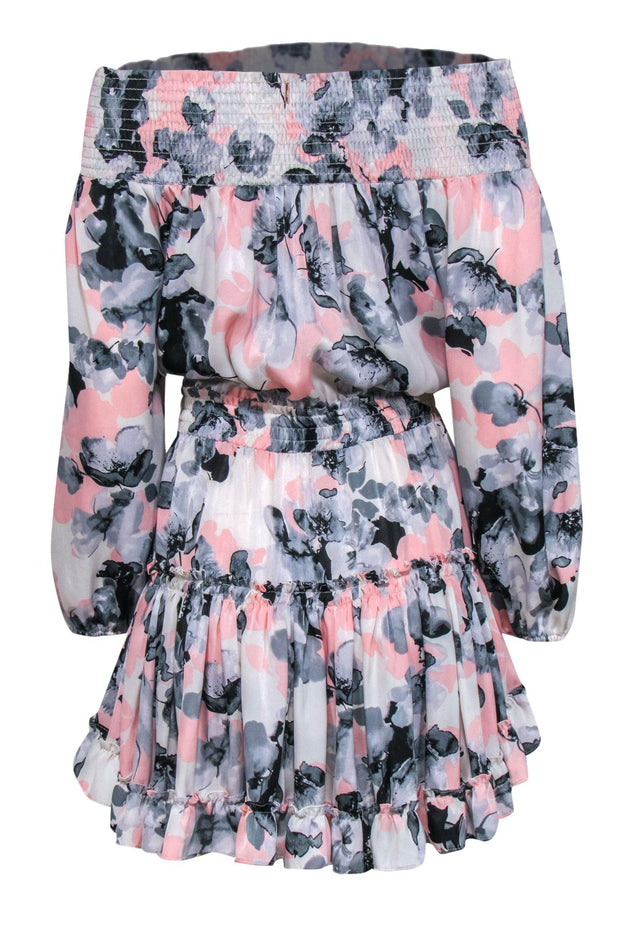 Current Boutique-MISA Los Angeles - Pink, Grey & Black Floral Off-the-Shoulder Tiered Dress Sz M