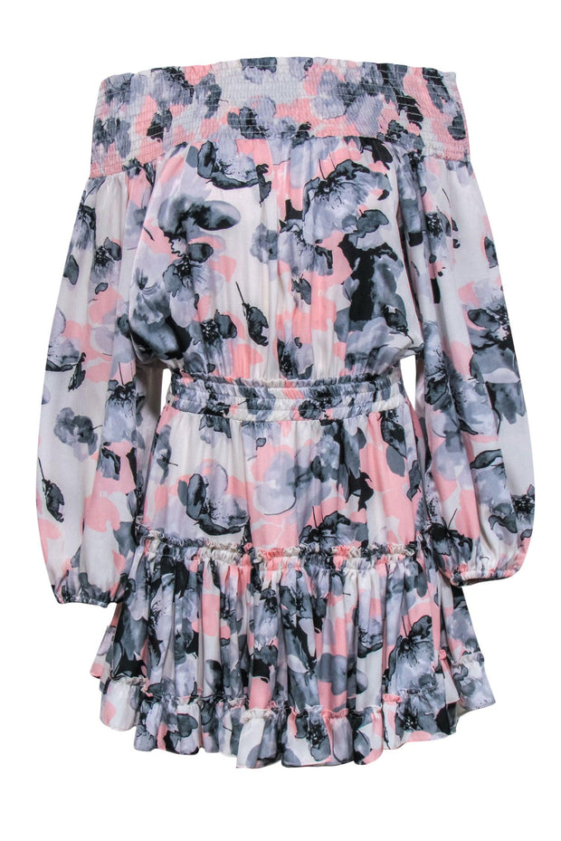 Current Boutique-MISA Los Angeles - Pink, Grey & Black Floral Off-the-Shoulder Tiered Dress Sz M