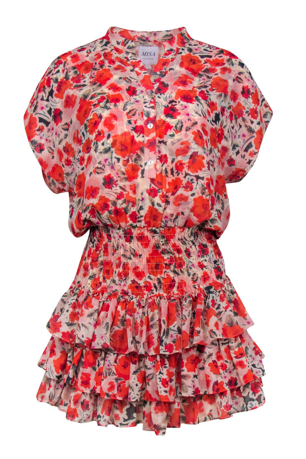 Current Boutique-MISA Los Angeles - Pink & Red Floral Print Cap Sleeve Ruffled Dress Sz S