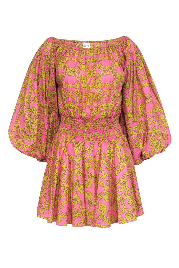 Current Boutique-MISA Los Angeles - Pink & Yellow Smock Waist Off the Shoulder Dress Sz S