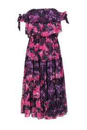 Current Boutique-MISA Los Angeles - Purple & Pink Floral Print Off-the-Shoulder Ruffle Tiered Dress Sz L