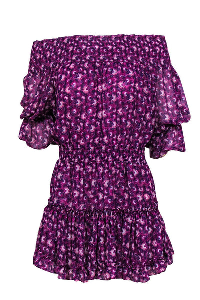 Current Boutique-MISA Los Angeles - Purple & White Floral Print Off-The-Shoulder Tiered Dress Sz M