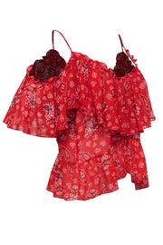 Current Boutique-MISA Los Angeles - Red Paisley Cold Shoulder Ruffled Blouse Sz L