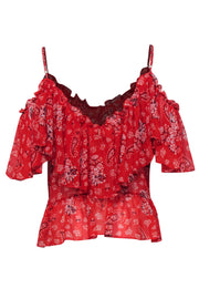 Current Boutique-MISA Los Angeles - Red Paisley Cold Shoulder Ruffled Blouse Sz L