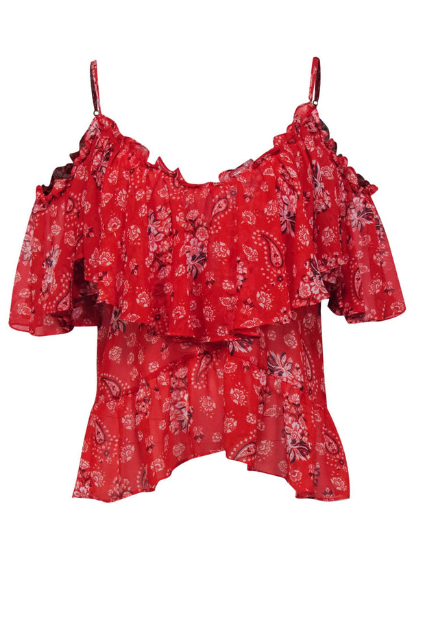 Current Boutique-MISA Los Angeles - Red Paisley Cold Shoulder Ruffled Blouse Sz L