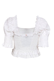 Current Boutique-MISA Los Angeles - White Eyelet Puff Sleeve Cropped Blouse Sz M