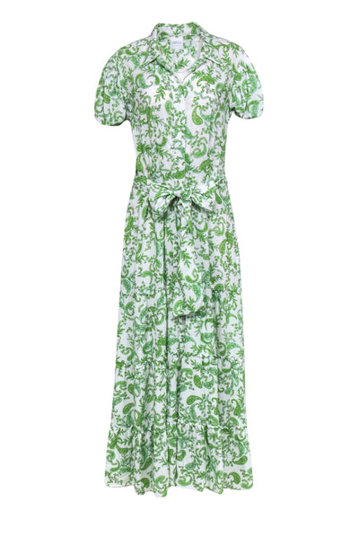 Current Boutique-MISA Los Angeles - White & Green Paisley Print Puff Sleeve Maxi Dress Sz L