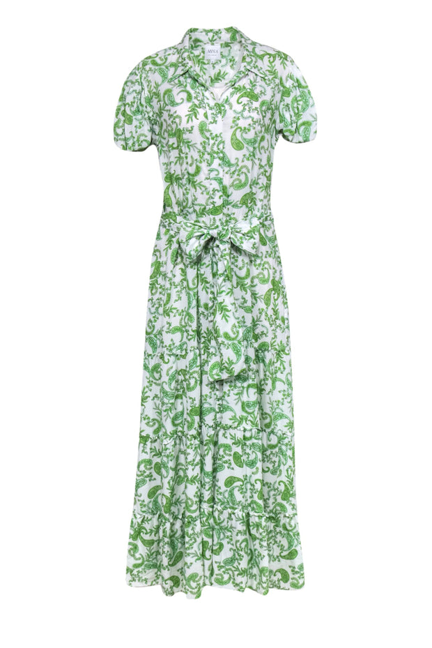 Current Boutique-MISA Los Angeles - White & Green Paisley Print Puff Sleeve Maxi Dress Sz L