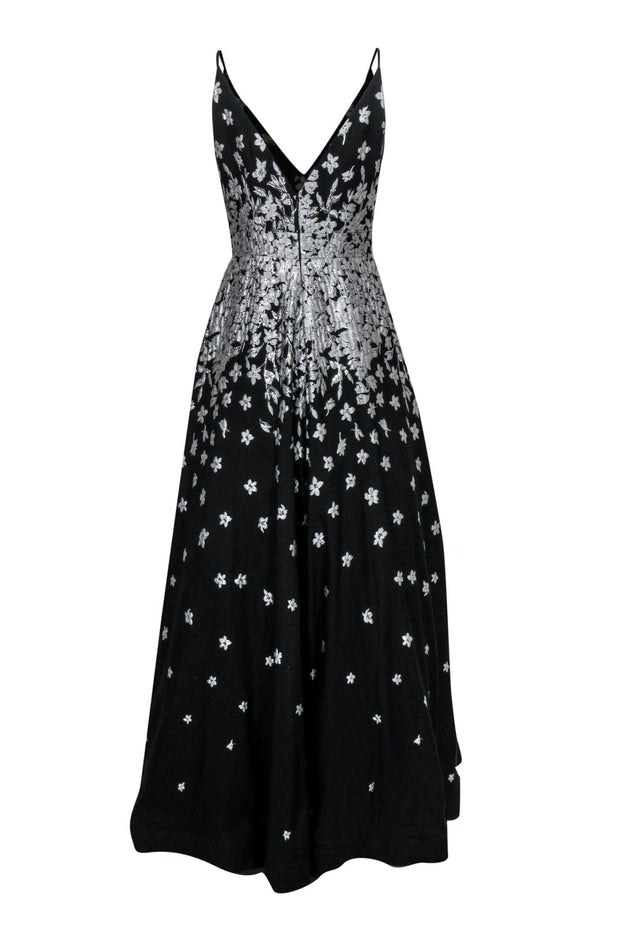 Current Boutique-ML Monique Lhuillier - Black & Silver Floral Print Sleeveless Gown Sz 4