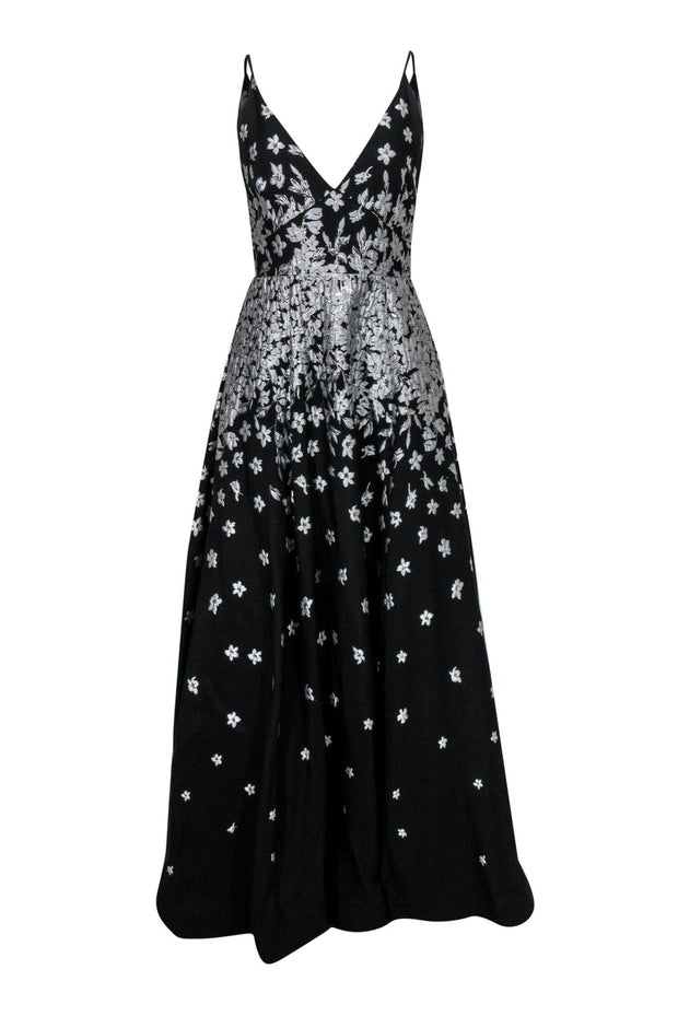 Current Boutique-ML Monique Lhuillier - Black & Silver Floral Print Sleeveless Gown Sz 4