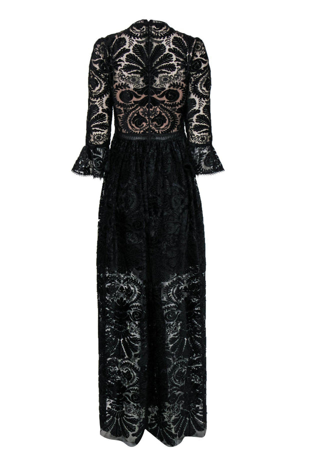 Current Boutique-ML Monique Lhuillier - Black Velvet Lace Ruffle Sleeve Gown Sz 6