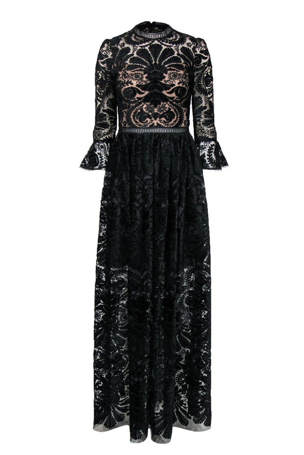 Current Boutique-ML Monique Lhuillier - Black Velvet Lace Ruffle Sleeve Gown Sz 6