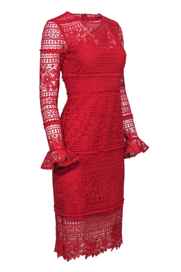 Current Boutique-ML Monique Lhuillier - Red Lace Midi Sheath Dress w/ Ruffled Cuffs Sz 0