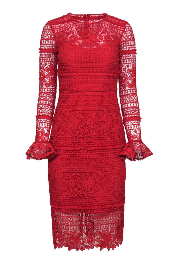 Current Boutique-ML Monique Lhuillier - Red Lace Midi Sheath Dress w/ Ruffled Cuffs Sz 0