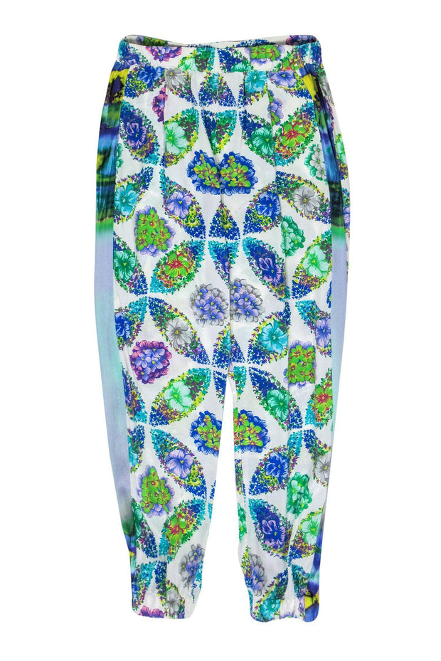 Current Boutique-MSGM - White & Green Floral Print Silk Joggers Sz M