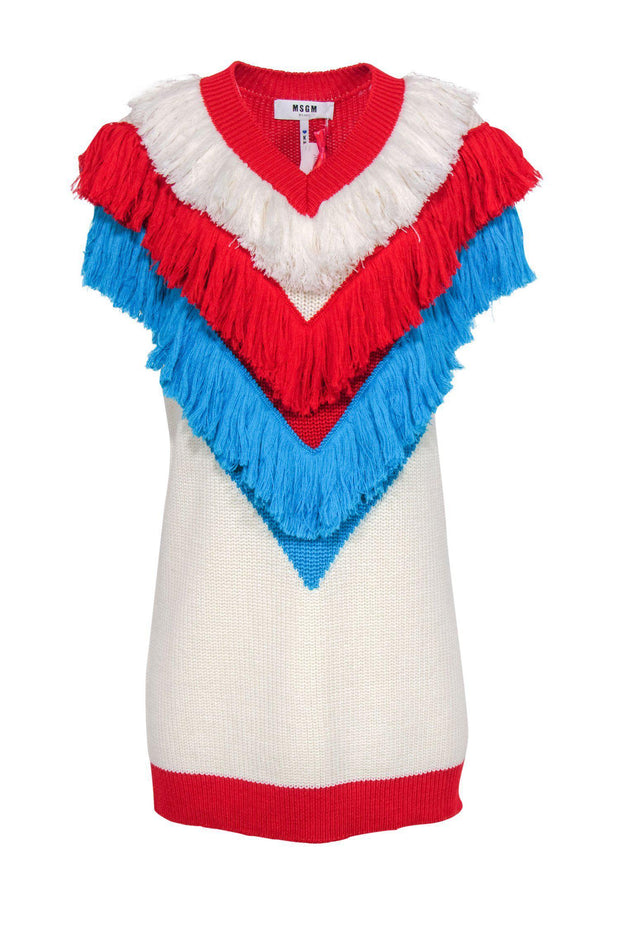 Current Boutique-MSGM - White, Red & Blue Fringe Colorblocked Sleeveless Knit Sweater Dress Sz S