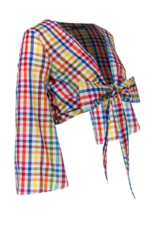 Current Boutique-M.D.S. Stripes - Rainbow Madras Plaid Front-Tie Crop Top Sz 0