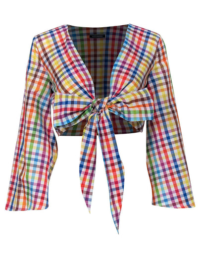 Current Boutique-M.D.S. Stripes - Rainbow Madras Plaid Front-Tie Crop Top Sz 0