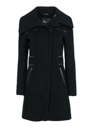 Current Boutique-Mackage - Black Zip-Up Longline Wool Blend Coat w/ Leather Trim Sz S