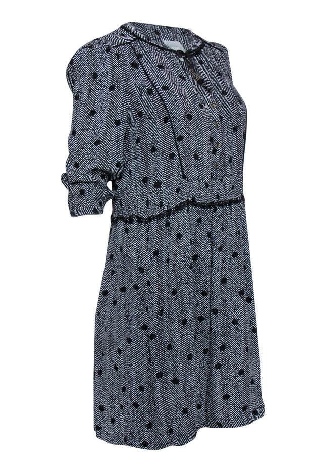 Current Boutique-Maeve - Black & White Chevron & Polka Dot Shift Dress w/ Lace Trim & Tassels Sz S