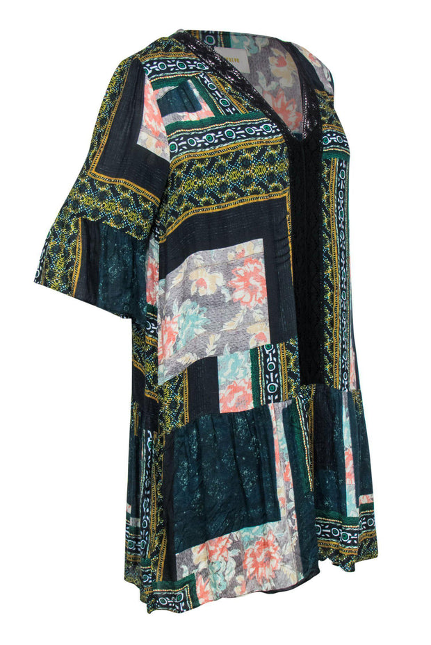 Current Boutique-Maeve - Green Patchwork Printed Lace Trim Shift Dress Sz M