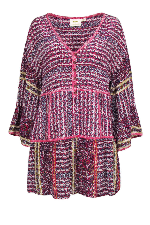 Current Boutique-Maeve - Magenta, Beige & Citron Floral Print Bell Sleeve Silk Tunic Sz L