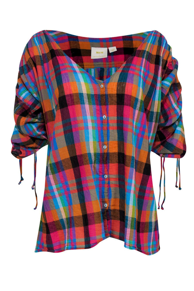 Current Boutique-Maeve - Multicolored Plaid Short Sleeve Button-Up Blouse Sz XL