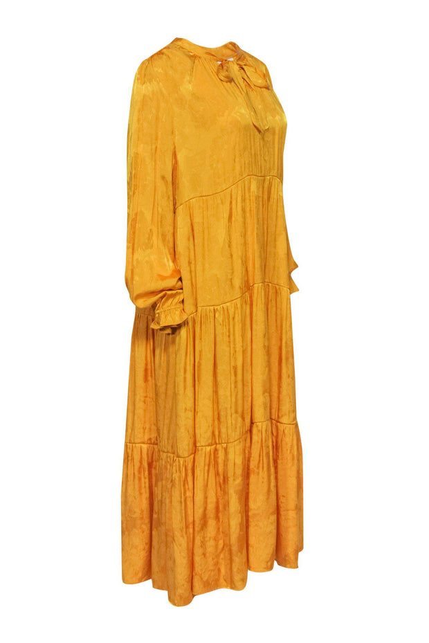 Current Boutique-Maeve - Mustard Yellow Floral Embossed Tiered Maxi Dress w/ Necktie Sz L