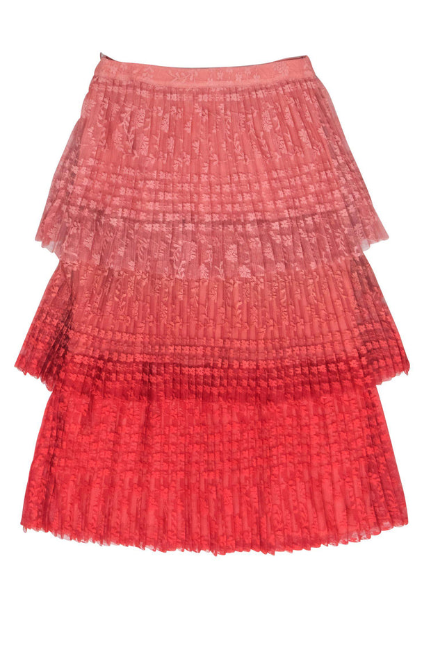 Current Boutique-Maeve - Pink & Red Ombre Floral Jacquard Tiered Pleated Midi Skirt Sz 8