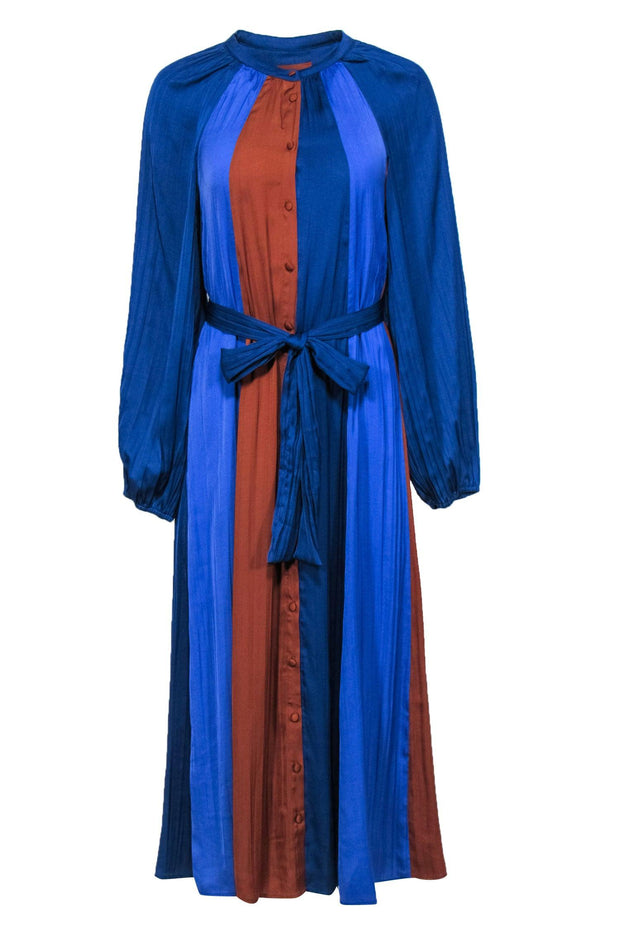 Current Boutique-Maeve - Purple, Brown & Navy Satin Puffed Sleeve Maxi Dress Sz M