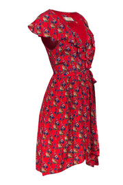 Current Boutique-Maeve - Red Floral Print V-Neck Midi Dress w/ Flounce Hem Sz M