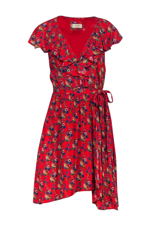 Current Boutique-Maeve - Red Floral Print V-Neck Midi Dress w/ Flounce Hem Sz M