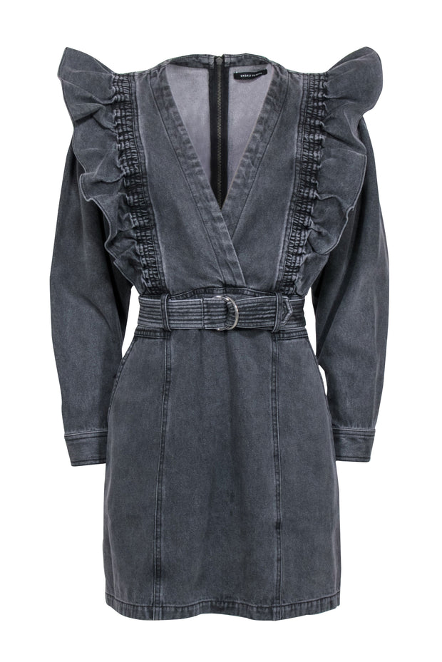 Current Boutique-Magali Pascal - Grey Long Sleeve Belted Denim Dress w/ Ruffle Sz M