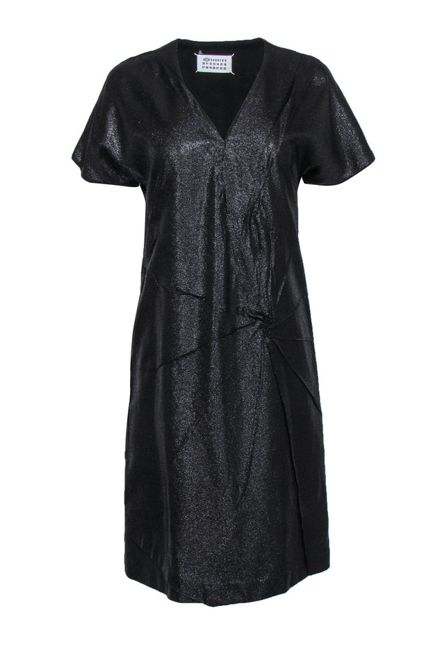 Current Boutique-Maison Martin Margiela - Black Metallic Gathered Twist Shift Dress Sz 8