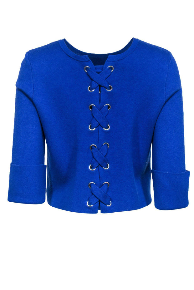 Current Boutique-Maje - Cobalt Blue Cropped Sweater w/ Lace-Up Back Sz S