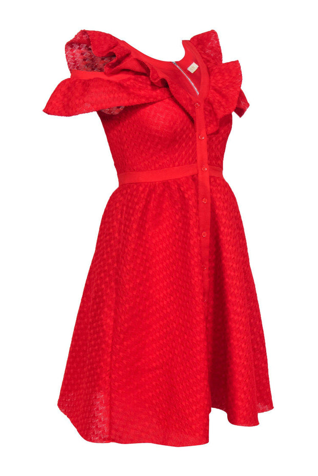 Current Boutique-Maje - Red Textured Ruffle Cold Shoulder Button-Up A-Line Dress Sz S