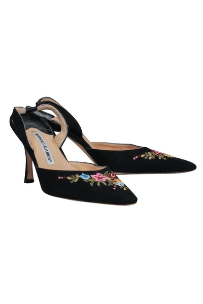 Current Boutique-Manolo Blahnik - Black Multi-Color Floral Embroidery Slingback Heel Sz 7